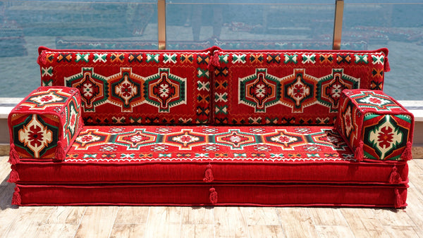Red Caucasian Summit: Single Floor Sofa – Handmade Heritage Diwan Couch – Oriental Boho Seating – Bohemian Modular Cushions