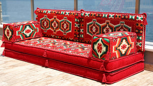 Red Caucasian Summit: Single Floor Sofa – Handmade Heritage Diwan Couch – Oriental Boho Seating – Bohemian Modular Cushions