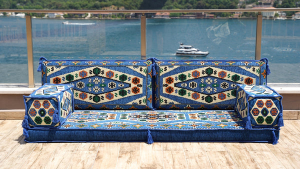 Royal Blue Yoruk Weave: Single Floor Sofa – Arabic Floor Seating Sofa – Traditional Arabic Majlis – Oriental Sofa