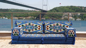 Royal Blue Yoruk Weave: Single Floor Sofa – Arabic Floor Seating Sofa – Traditional Arabic Majlis – Oriental Sofa