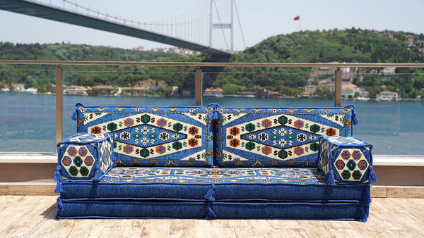 Royal Blue Yoruk Weave: Single Floor Sofa – Arabic Floor Seating Sofa – Traditional Arabic Majlis – Oriental Sofa