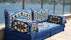 Royal Blue Yoruk Weave: Single Floor Sofa – Arabic Floor Seating Sofa – Traditional Arabic Majlis – Oriental Sofa