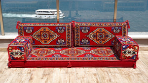Red Kirsehir Motif: Single Floor Sofa – Arabic Floor Sofa – Oriental Floor Seating – Bohemian Floor Cushion