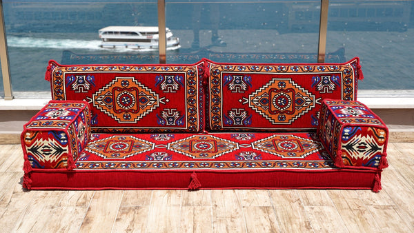 Red Kirsehir Motif: Single Floor Sofa – Arabic Floor Sofa – Oriental Floor Seating – Bohemian Floor Cushion