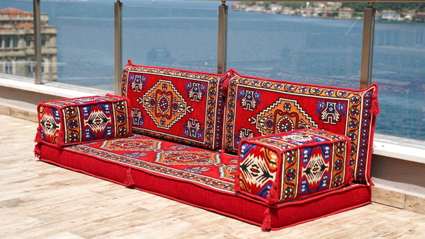 Red Kirsehir Motif: Single Floor Sofa – Arabic Floor Sofa – Oriental Floor Seating – Bohemian Floor Cushion