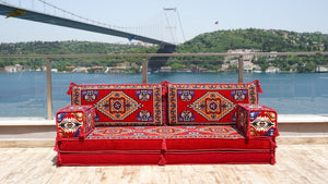 Red Kirsehir Motif: Single Floor Sofa – Arabic Floor Sofa – Oriental Floor Seating – Bohemian Floor Cushion