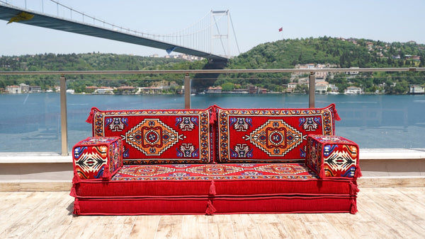 Red Kirsehir Motif: Single Floor Sofa – Arabic Floor Sofa – Oriental Floor Seating – Bohemian Floor Cushion