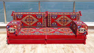 Red Kirsehir Motif: Single Floor Sofa – Arabic Floor Sofa – Oriental Floor Seating – Bohemian Floor Cushion