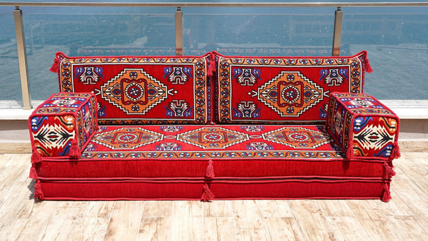 Red Kirsehir Motif: Single Floor Sofa – Arabic Floor Sofa – Oriental Floor Seating – Bohemian Floor Cushion