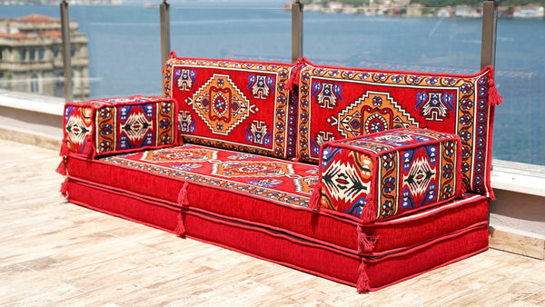 Red Kirsehir Motif: Single Floor Sofa – Arabic Floor Sofa – Oriental Floor Seating – Bohemian Floor Cushion