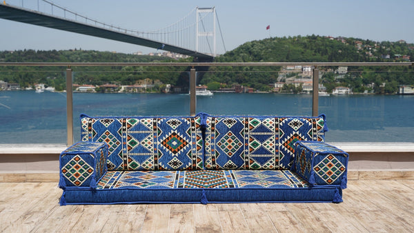 Royal Blue Timeless Kilim – Arabic Majlis Floor Sofa