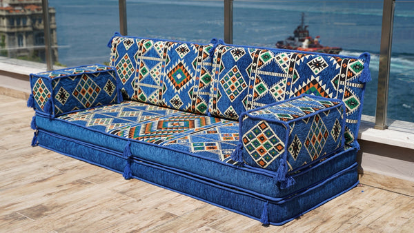 Royal Blue Timeless Kilim: Single Floor Sofa – Arabic Sofa – Floor Seating Sofa – Traditional Arabic Majlis