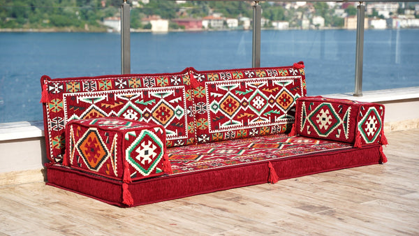 Maroon Anatolian Hearth: Single Floor Sofa – Handmade Arabic Diwan Cushions – Middle Eastern Modular Living Room Set