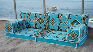 Turquoise Timeless Kilim: Single Floor Sofa – Arabic Majlis Sofa – Oriental Cushion Set – Authentic Arabic Floor Seating