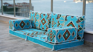 Turquoise Timeless Kilim: Single Floor Sofa – Arabic Majlis Sofa – Oriental Cushion Set – Authentic Arabic Floor Seating