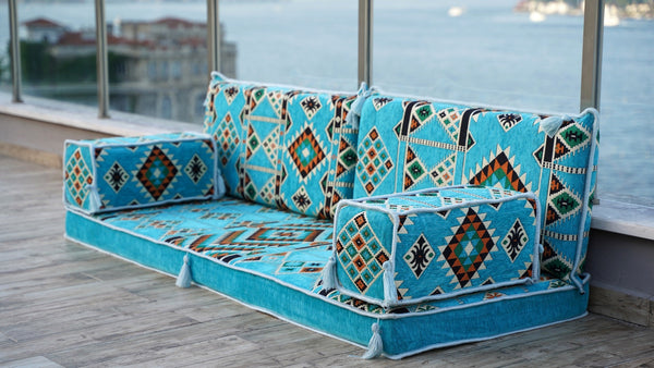 Turquoise Timeless Kilim: Single Floor Sofa – Arabic Majlis Sofa – Oriental Cushion Set – Authentic Arabic Floor Seating