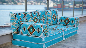Turquoise Timeless Kilim: Single Floor Sofa – Arabic Majlis Sofa – Oriental Cushion Set – Authentic Arabic Floor Seating