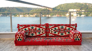 Red Yoruk Weave: Single Floor Sofa – Custom Handmade Kilim Diwan – Oriental Boho Seating – Bohemian Modular Cushions