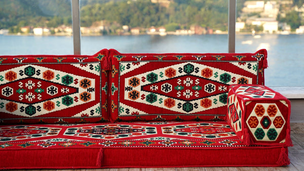 Red Yoruk Weave: Single Floor Sofa – Custom Handmade Kilim Diwan – Oriental Boho Seating – Bohemian Modular Cushions