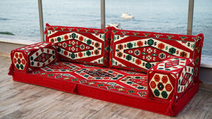 Red Yoruk Weave: Single Floor Sofa – Custom Handmade Kilim Diwan – Oriental Boho Seating – Bohemian Modular Cushions