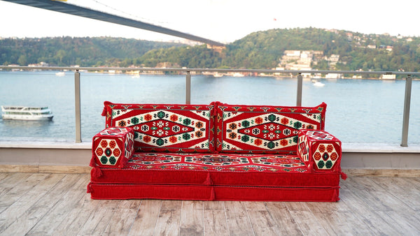 Red Yoruk Weave: Single Floor Sofa – Custom Handmade Kilim Diwan – Oriental Boho Seating – Bohemian Modular Cushions