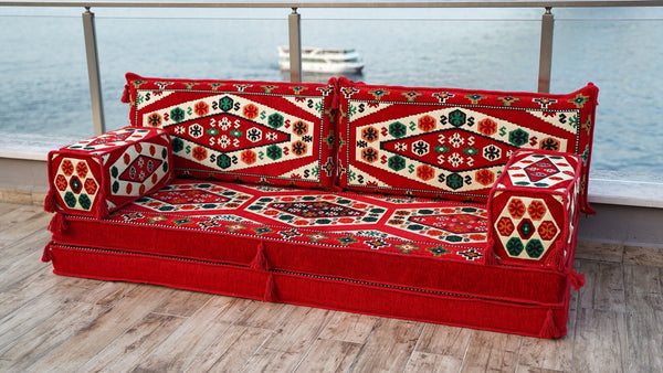 Red Yoruk Weave: Single Floor Sofa – Custom Handmade Kilim Diwan – Oriental Boho Seating – Bohemian Modular Cushions
