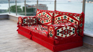 Red Yoruk Weave: Single Floor Sofa – Custom Handmade Kilim Diwan – Oriental Boho Seating – Bohemian Modular Cushions