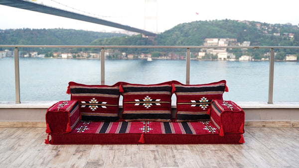 Maroon Damascus Stripe – Ethnic Boho Floor Sofa