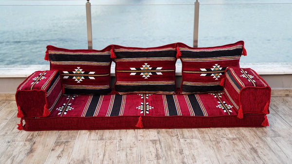 Maroon Damascus Stripe: Single Floor Sofa – Handmade Diwan Cushions – Ethnic Modular Couch – Middle Eastern Boho Seating