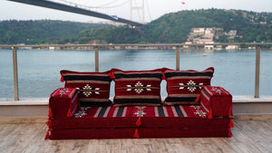 Maroon Damascus Stripe: Single Floor Sofa – Handmade Diwan Cushions – Ethnic Modular Couch – Middle Eastern Boho Seating