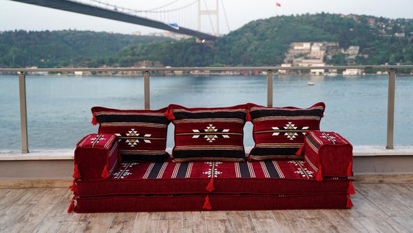 Maroon Damascus Stripe: Single Floor Sofa – Handmade Diwan Cushions – Ethnic Modular Couch – Middle Eastern Boho Seating