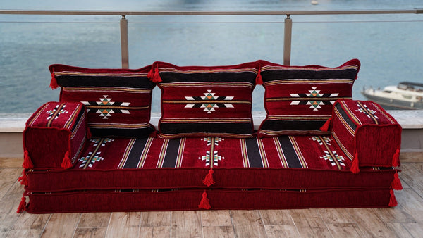 Maroon Damascus Stripe: Single Floor Sofa – Handmade Diwan Cushions – Ethnic Modular Couch – Middle Eastern Boho Seating