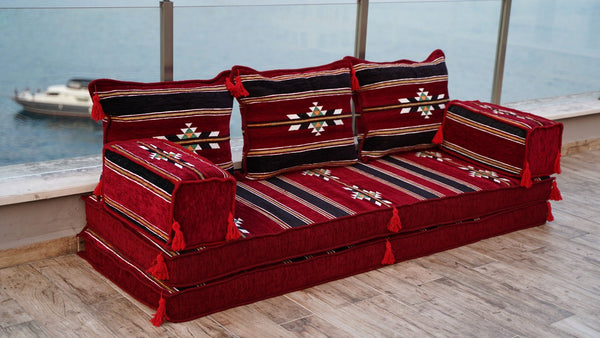 Maroon Damascus Stripe: Single Floor Sofa – Handmade Diwan Cushions – Ethnic Modular Couch – Middle Eastern Boho Seating