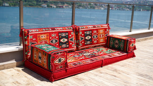 Red Milas Breeze: Single Floor Sofa – Handmade Anatolian Diwan Couch – Oriental Boho Seating – Bohemian Modular Cushions