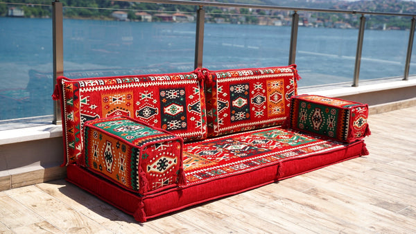 Red Milas Breeze: Single Floor Sofa – Handmade Anatolian Diwan Couch – Oriental Boho Seating – Bohemian Modular Cushions