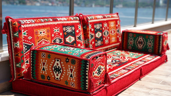 Red Milas Breeze: Single Floor Sofa – Handmade Anatolian Diwan Couch – Oriental Boho Seating – Bohemian Modular Cushions