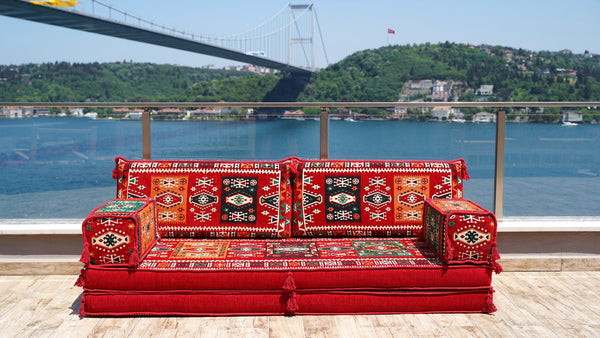 Red Milas Breeze: Single Floor Sofa – Handmade Anatolian Diwan Couch – Oriental Boho Seating – Bohemian Modular Cushions