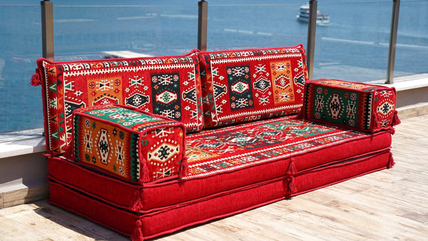 Red Milas Breeze: Single Floor Sofa – Handmade Anatolian Diwan Couch – Oriental Boho Seating – Bohemian Modular Cushions