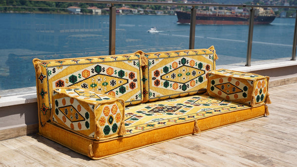 Yellow Yoruk Weave: Single Floor Sofa – Arabic Majlis – Floor Cushion Couch – Reading Nook Floor Seating