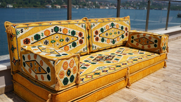 Yellow Yoruk Weave: Single Floor Sofa – Arabic Majlis – Floor Cushion Couch – Reading Nook Floor Seating
