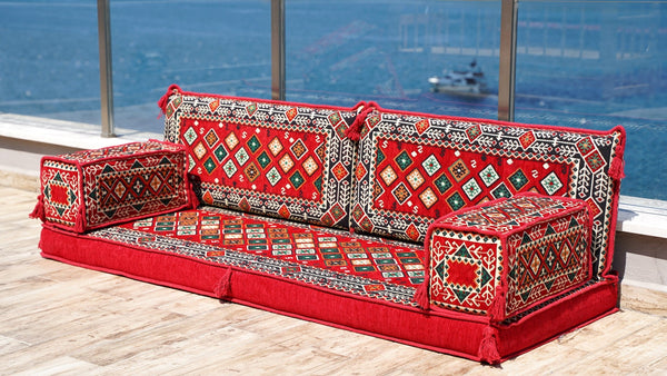 Red Chile Sunset: Single Floor Sofa – Handmade Traditional Diwan Couch – Oriental Boho Seating – Bohemian Modular Cushions