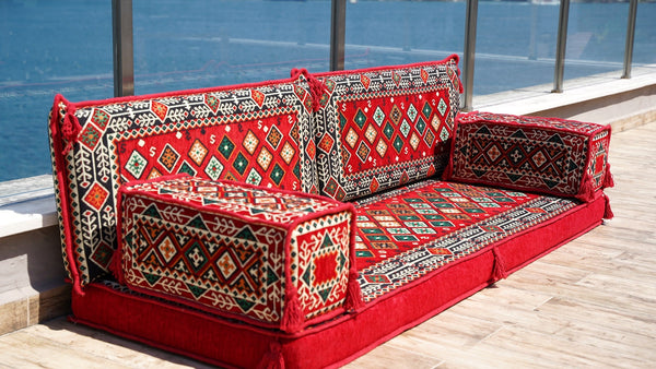 Red Chile Sunset: Single Floor Sofa – Handmade Traditional Diwan Couch – Oriental Boho Seating – Bohemian Modular Cushions