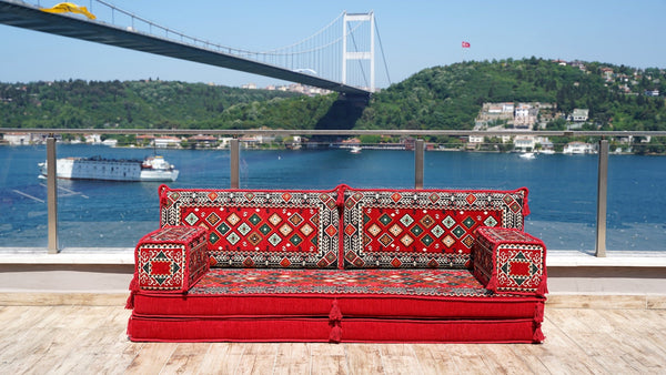 Red Chile Sunset: Single Floor Sofa – Handmade Traditional Diwan Couch – Oriental Boho Seating – Bohemian Modular Cushions