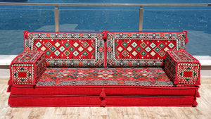 Red Chile Sunset: Single Floor Sofa – Handmade Traditional Diwan Couch – Oriental Boho Seating – Bohemian Modular Cushions
