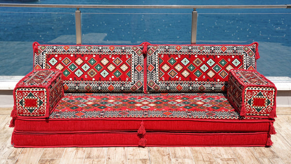 Red Chile Sunset: Single Floor Sofa – Handmade Traditional Diwan Couch – Oriental Boho Seating – Bohemian Modular Cushions