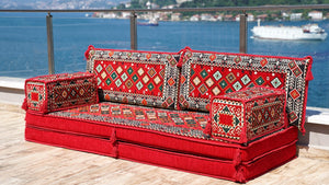 Red Chile Sunset: Single Floor Sofa – Handmade Traditional Diwan Couch – Oriental Boho Seating – Bohemian Modular Cushions