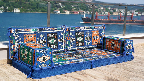 Royal Blue Milas Breeze: Single Floor Sofa – Arabic Floor Seating Sofa – Traditional Arabic Majlis – Custom Floor Cushion