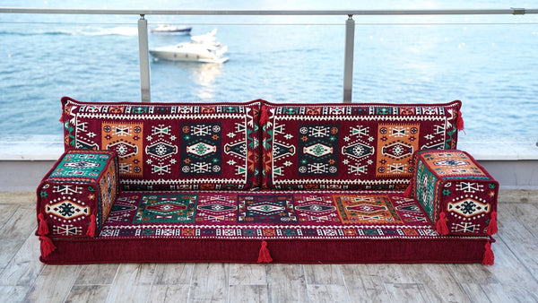 Maroon Milas Breeze: Single Floor Sofa – Handmade Arabic Diwan Cushions – Middle Eastern Boho Couch – Kilim Sofa Seating