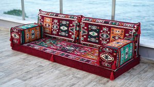 Maroon Milas Breeze: Single Floor Sofa – Handmade Arabic Diwan Cushions – Middle Eastern Boho Couch – Kilim Sofa Seating