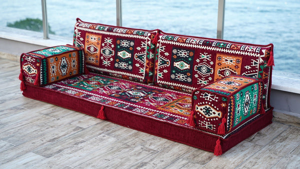Maroon Milas Breeze: Single Floor Sofa – Handmade Arabic Diwan Cushions – Middle Eastern Boho Couch – Kilim Sofa Seating